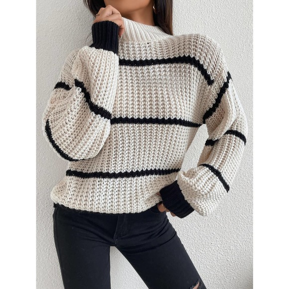 Striped Mock Neck Drop Shoulder turtleneck Sweater cream black - Picture 7 of 11